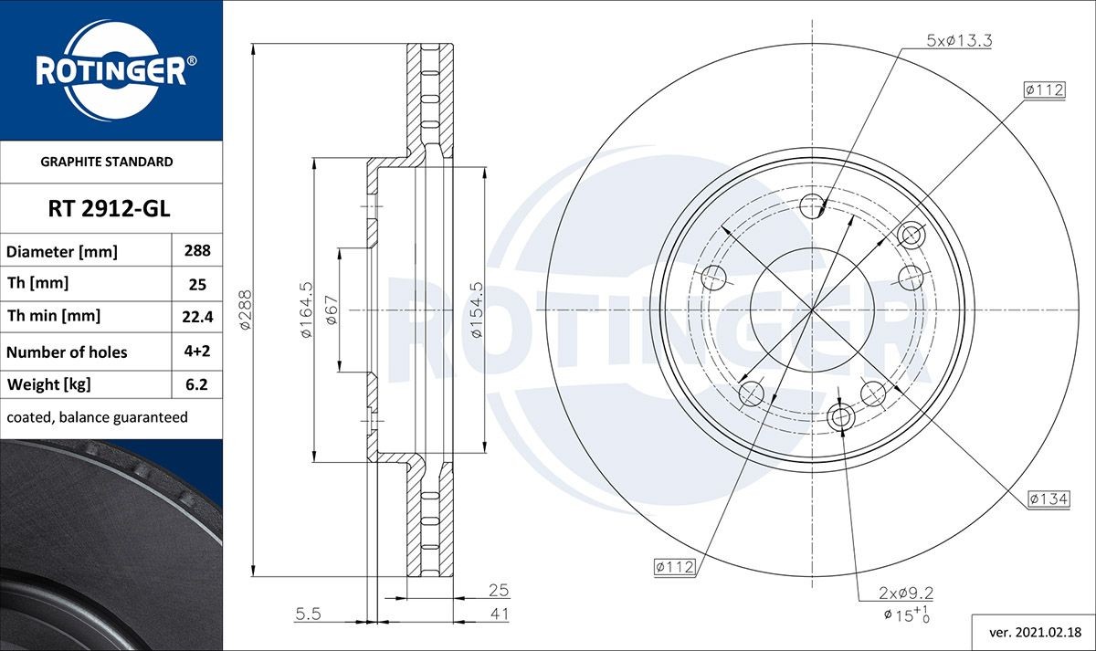 ROTINGER RT 2912-GL: Bromsskiva GRAPHITE LINE framaxel, Ø: 288mm, ventilerad, Ø: 288mm, Galvaniserad