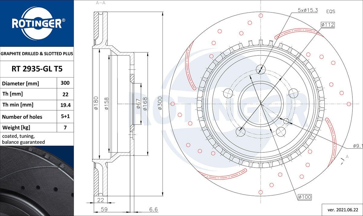 ROTINGER RT 2935-GL T5: Piduriketas GRAPHITE DRILLED & SLOTTED PLUS Tagasild, Ø: 300mm, perforeeritud, õhutusega, Ø: 300mm, tsingitud