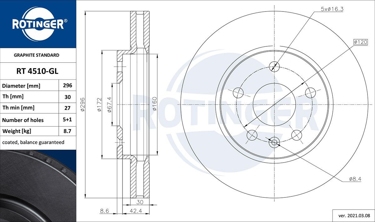 ROTINGER RT 4510-GL: Brzdový kotouč GRAPHITE LINE přední osa, R: 296mm, větráno, R: 296mm, galvanizováno