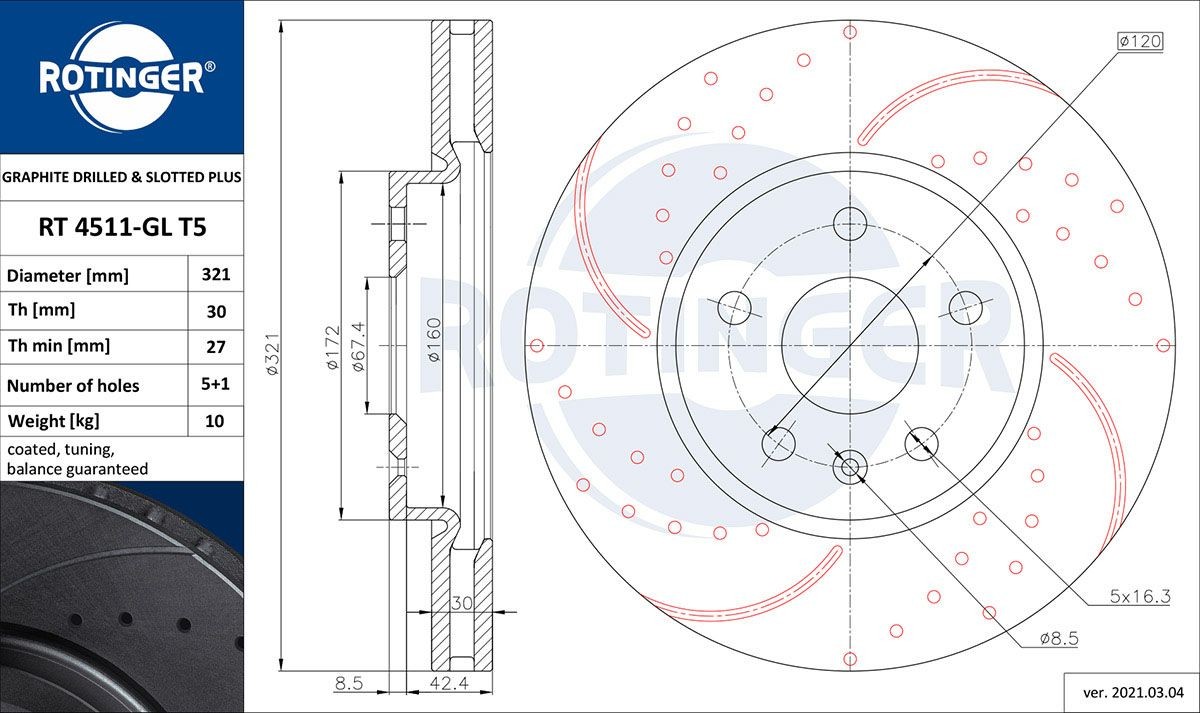 ROTINGER RT 4511-GL T5: Disc de frână GRAPHITE DRILLED & SLOTTED PLUS punte fata, Ř: 321mm, perforat, ventilat, Ř: 321mm, acoperit galvanic