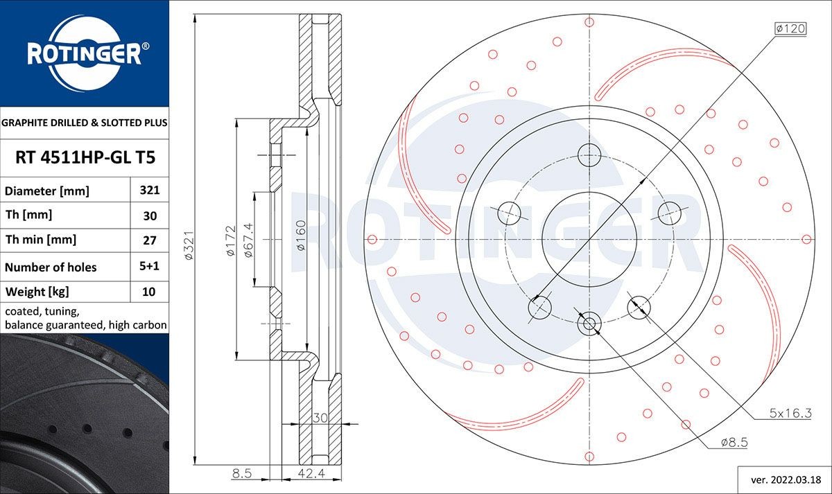 ROTINGER RT 4511HP-GL T5: Piduriketas GRAPHITE DRILLED & SLOTTED PLUS Esisild, Ø: 321mm, perforeeritud, õhutusega, Ø: 321mm, tsingitud