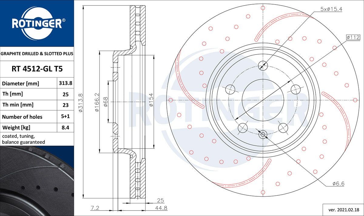 ROTINGER RT 4512-GL T5: Bremseskive GRAPHITE DRILLED & SLOTTED PLUS foraksel, Ø: 313,8mm, hullet, ventileret, Ø: 313,8mm, galvanisk belagt