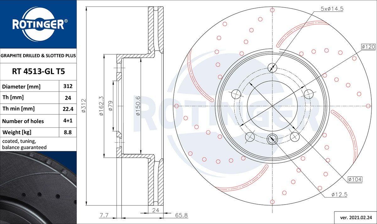 ROTINGER RT 4513-GL T5: Bromsskiva GRAPHITE DRILLED & SLOTTED PLUS framaxel, Ø: 312mm, hålad, ventilerad, Ø: 312mm, Galvaniserad
