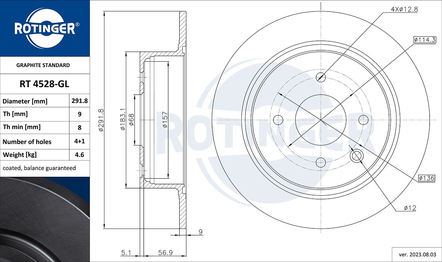 ROTINGER RT 4528-GL: Bremseskive GRAPHITE LINE bagaksel, Ø: 291,5mm, fuldstændigt, Ø: 291,5mm, galvanisk belagt