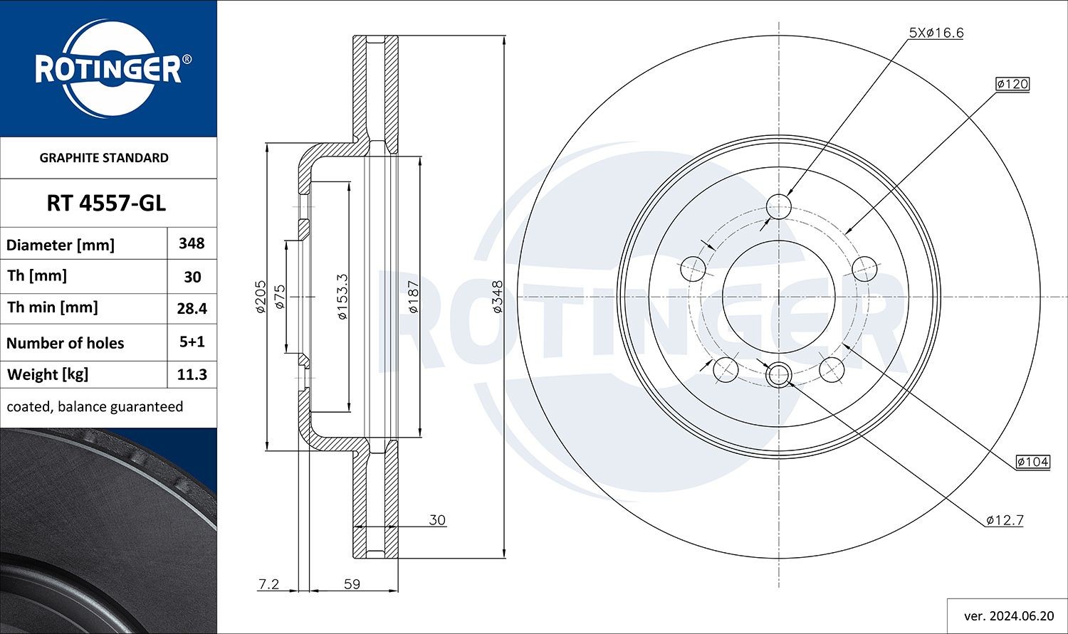 ROTINGER RT 4557-GL: Remschijf GRAPHITE LINE Vooras, Ø: 348mm, Geventileerd, Ø: 348mm, Gegalvaniseerd