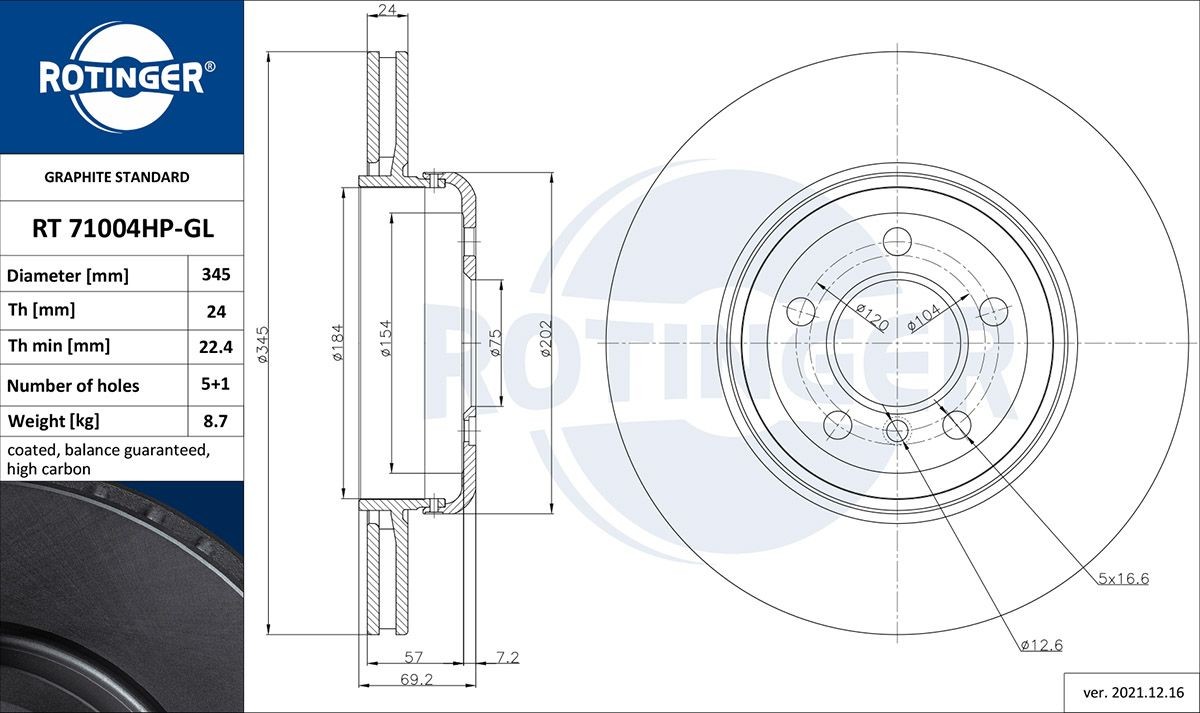 ROTINGER RT 71004HP-GL: Féktárcsa GRAPHITE LINE hátsótengely, Ø: 345mm, Szellőztetett, Ø: 345mm, galvanikus bevonattal