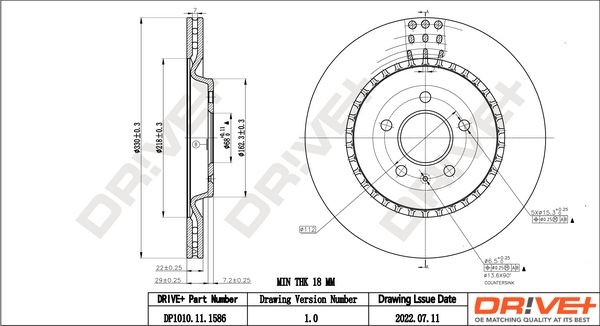 Dr!ve+ DP1010.11.1586: Disc de frână puntea spate, Ř: 330mm, ventilat, Ř: 330mm