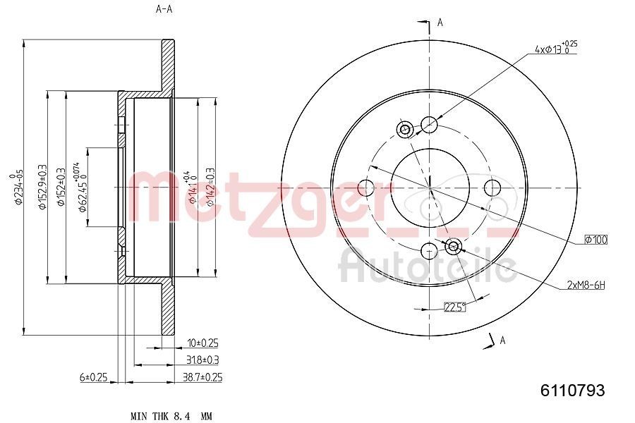 METZGER 6110793: Disc de frână puntea spate, Ř: 234mm, plin, Ř: 234mm, lacuit, Șlefuire în cruce, cu suruburi