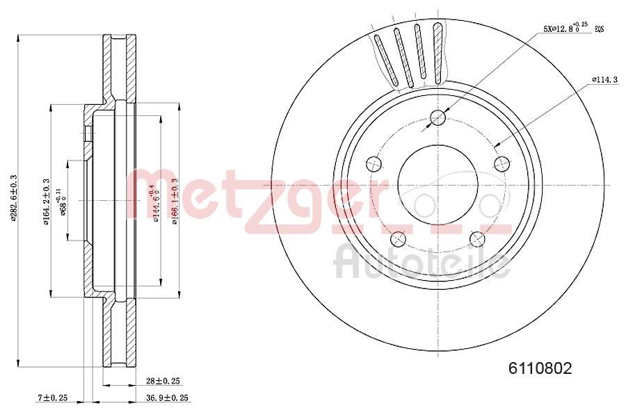 METZGER 6110802: Piduriketas esisild vasakul, esisild paremal, Ø: 282mm, sisemine õhutus, Ø: 282mm, värvitud, Ristlihvimine