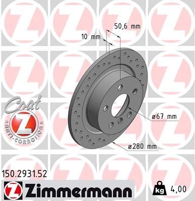ZIMMERMANN 150.2931.52: Piduriketas Ø: 280mm, täis, perforeeritud, Ø: 280mm, kaetud SPORT COAT Z