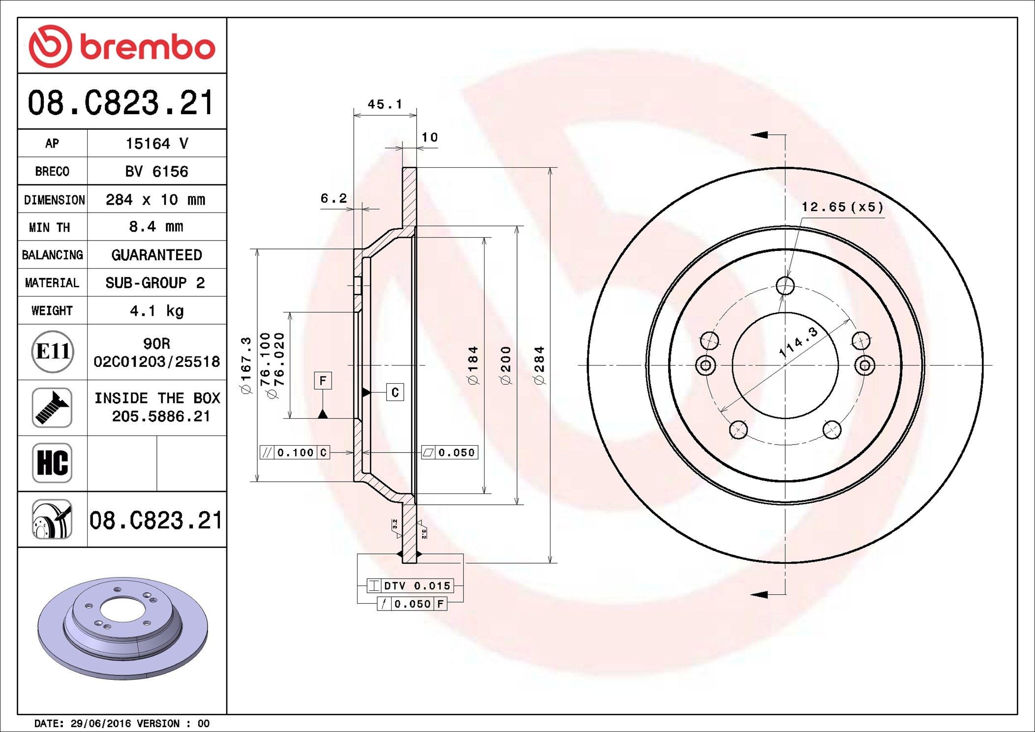 BREMBO 08.C823.21: Disc de frână PRIME LINE - UV Coated Ř: 284mm, plin, Ř: 284mm, acoperit (cu un strat protector), cu suruburi