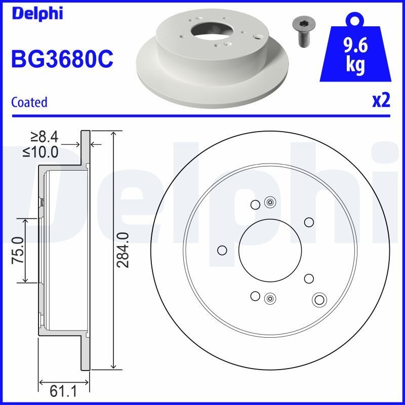 DELPHI BG3680C: Piduriketas Ø: 284mm, täis, Ø: 284mm, kaetud