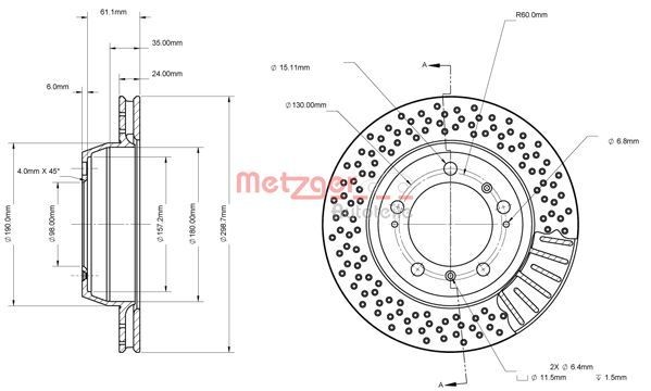 METZGER 6110841: Piduriketas Tagasild, Ø: 299mm, augustatud/sise, Ø: 299mm, värvitud, Ristlihvimine, koos kruvidega