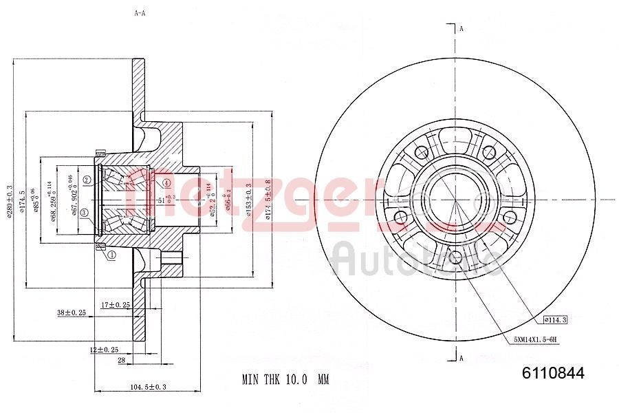 METZGER 6110844: Piduriketas Tagasild, Ø: 280mm, täis, Ø: 280mm, värvitud, Ristlihvimine, koos ABS-andurirõngaga, koos integreeritud rattalaagriga
