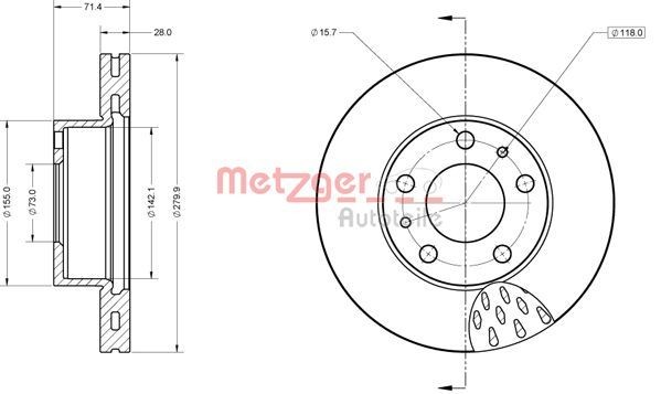 METZGER 6110851: Piduriketas Esisild, Ø: 280mm, sisemine õhutus, Ø: 280mm, värvitud, Ristlihvimine