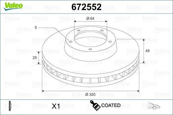 VALEO 672552: Piduriketas COATED Esisild, Ø: 320mm, õhutusega, Ø: 320mm, kaetud