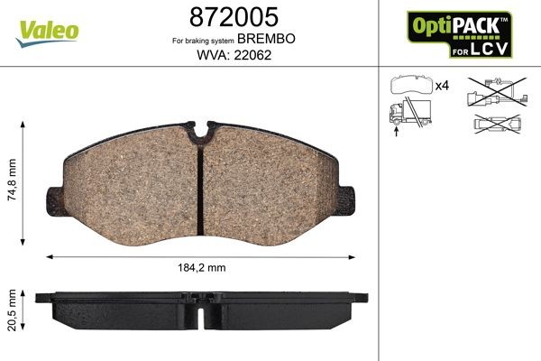 VALEO 872005: Plăcuțe de frână OPTIPACK for LCV punte fata, fara suruburi, pentru condiții dificile de utilizare
