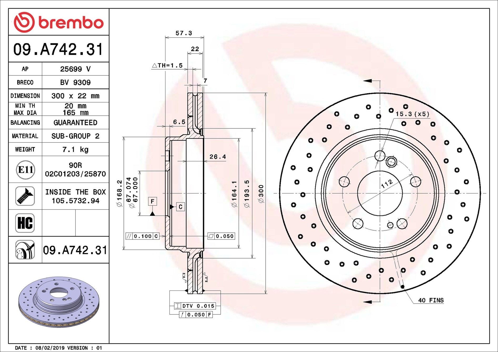BREMBO 09.A742.31: Disc de frână PRIME LINE - UV Coated Ř: 300mm, perforat/ventilat interior, Ř: 300mm, acoperit (cu un strat protector), cu suruburi