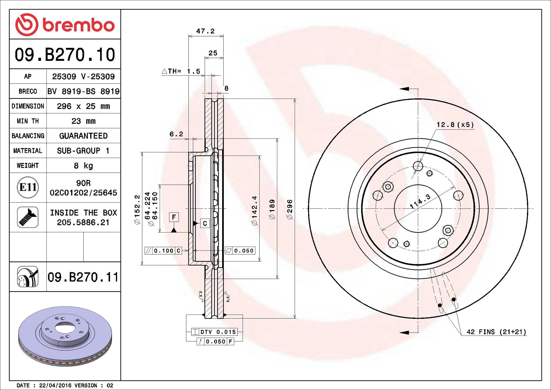 BREMBO 09.B270.11: Disc de frână PRIME LINE - UV Coated Ř: 296mm, ventilat interior, Ř: 296mm, acoperit (cu un strat protector), cu suruburi