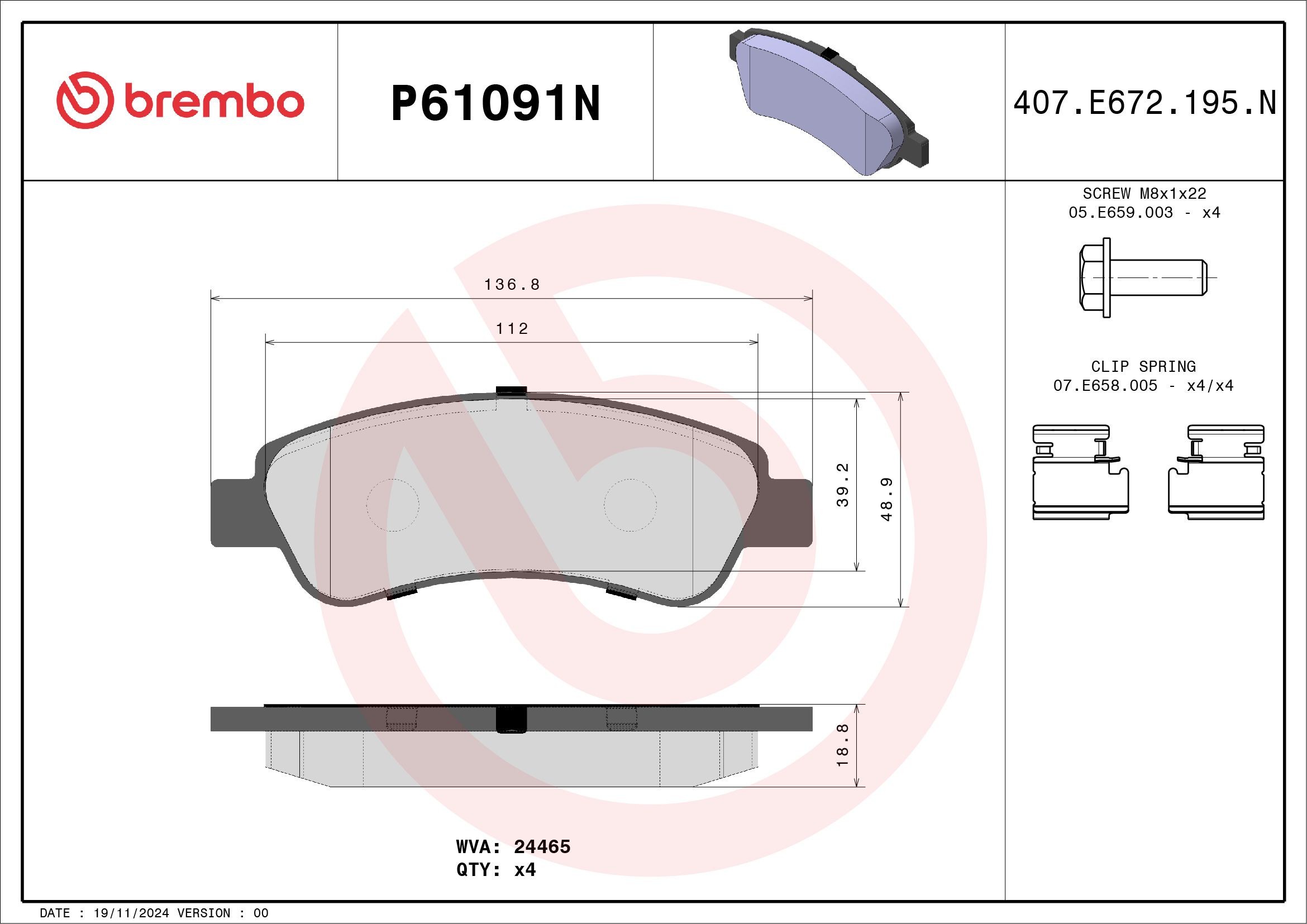 BREMBO P61091N: Kit pastiglie freni PRIME LINE - Ceramic con accessori, con bulloni pinza freno, con lamierino anticigolío