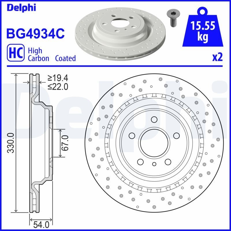 DELPHI BG4934C: Stabdžių diskas Ø: 330mm, ventiliuojama, perforuota, Ø: 330mm, padengta