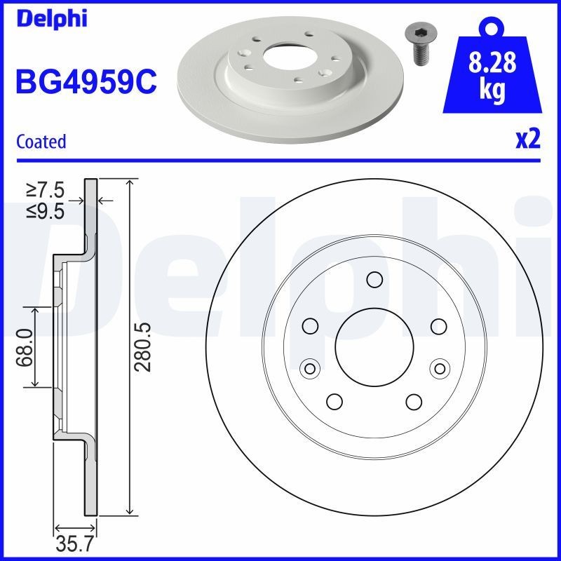 DELPHI BG4959C: Piduriketas Ø: 281mm, täis, Ø: 281mm, kaetud