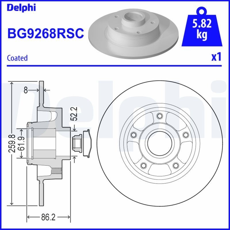DELPHI BG9268RSC: Piduriketas Ø: 260mm, täis, Ø: 260mm, kaetud, koos rattalaagriga, koos ABS-andurirõngaga