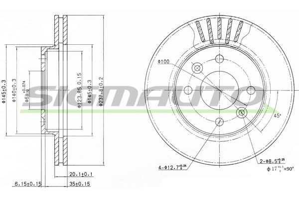 SIGMAUTO DBA158V: Piduriketas Esisild, Ø: 238mm, õhutusega, Ø: 238mm, värvitud
