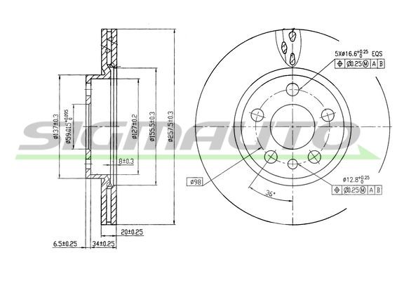 SIGMAUTO DBA842V: Piduriketas Esisild, Ø: 257mm, õhutusega, Ø: 257mm, värvitud