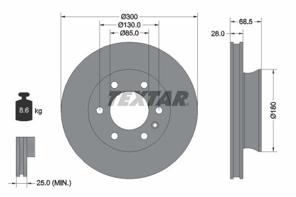 TEXTAR 92301203: Stabdžių diskas PRO Ø: 300mm, vidinis ventiliavimas, Ø: 300mm, padengta, be rato stebulės, be rato guolio, be rato tvirtinimo smeigių