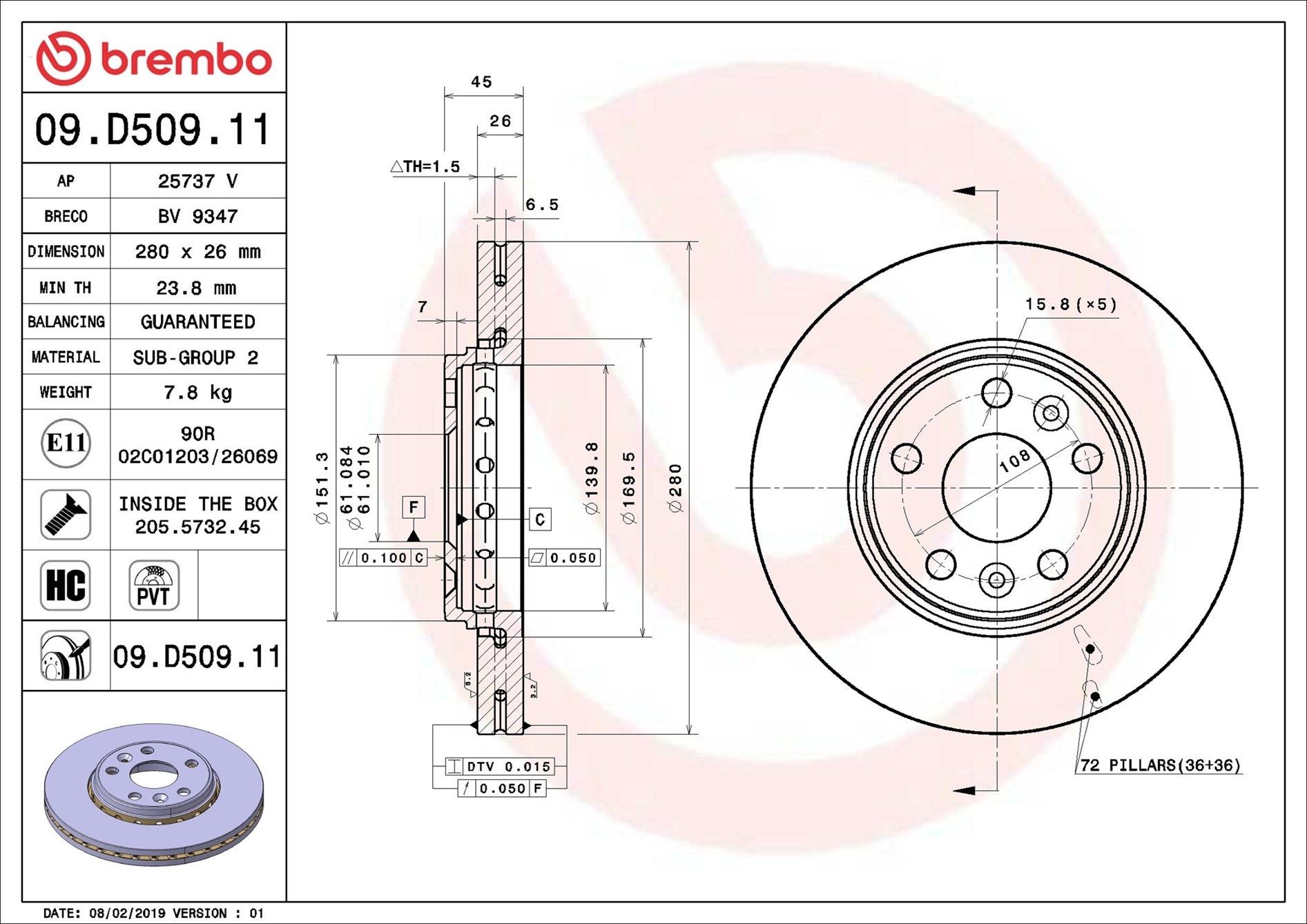 BREMBO 09.D509.11: Disc de frână PRIME LINE - UV Coated Ř: 280mm, ventilat interior, Ř: 280mm, acoperit (cu un strat protector), cu suruburi