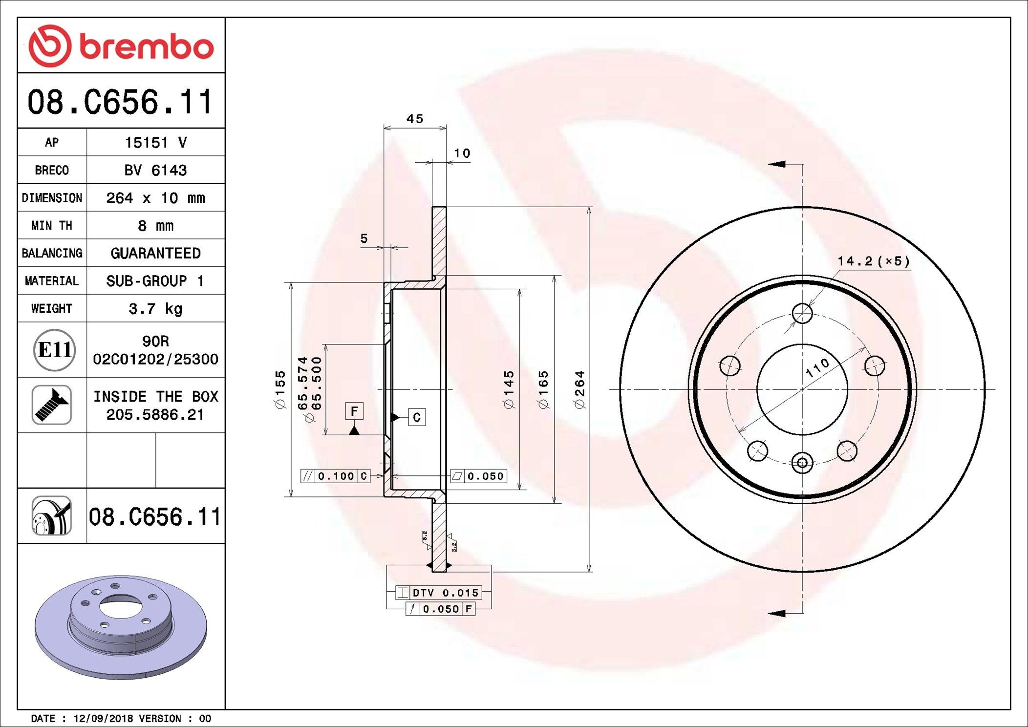 BREMBO 08.C656.11: Disc de frână PRIME LINE - UV Coated Ř: 264mm, plin, Ř: 264mm, acoperit (cu un strat protector), cu suruburi
