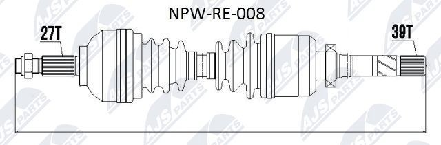 NTY NPW-RE-008: Piedziņas vārpsta Priekšējais tilts pa labi, 1015mm