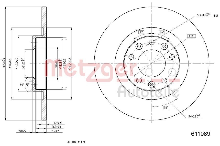 METZGER 6110890: Piduriketas GREENPARTS Tagasild, Ø: 290mm, täis, Ø: 290mm, värvitud, Ristlihvimine, koos kruvidega
