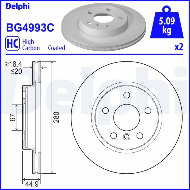 DELPHI BG4993C: Piduriketas Ø: 280mm, õhutusega, Ø: 280mm, kaetud