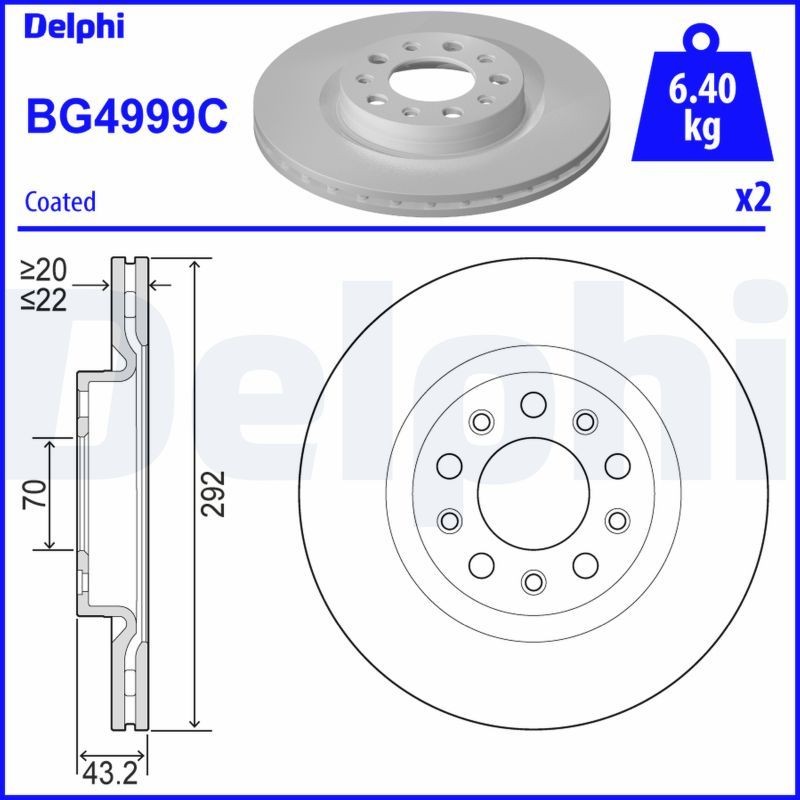 DELPHI BG4999C: Piduriketas Ø: 292mm, õhutusega, Ø: 292mm, kaetud