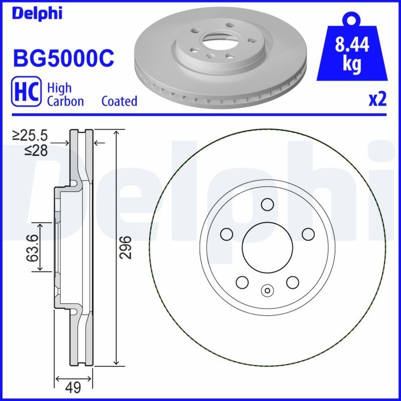 DELPHI BG5000C: Piduriketas Ø: 296mm, õhutusega, Ø: 296mm, kaetud