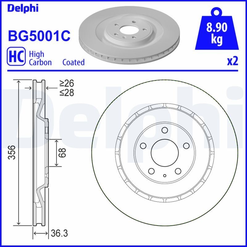 DELPHI BG5001C: Piduriketas Ø: 356mm, õhutusega, Ø: 356mm, kaetud