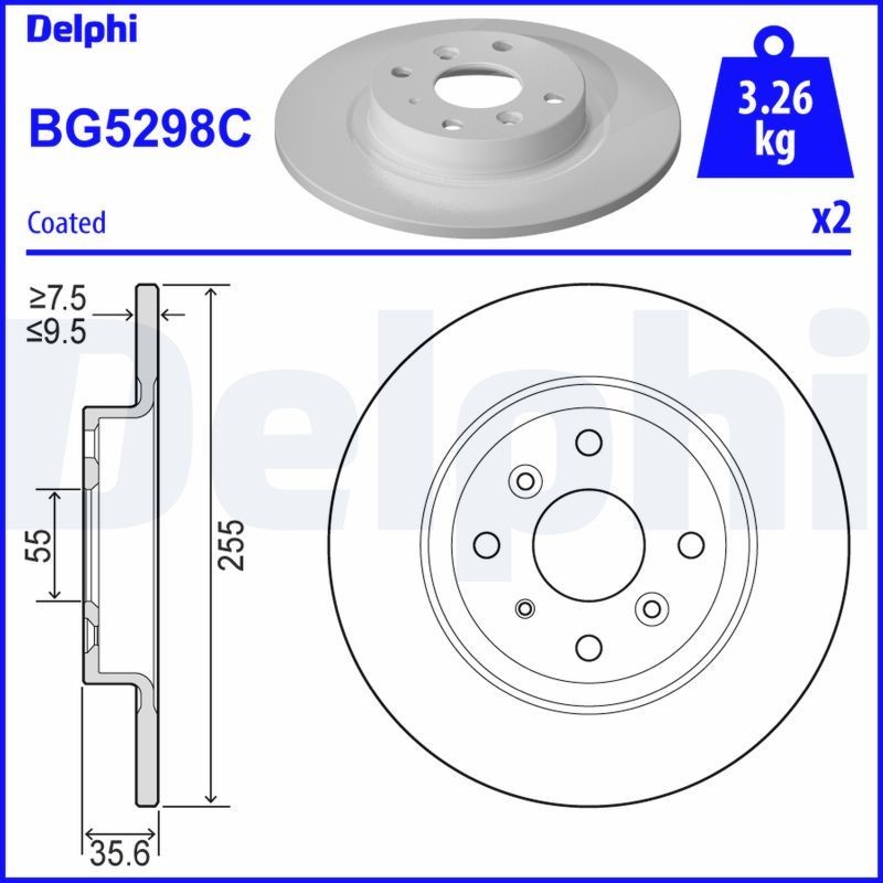 DELPHI BG5298C: Bremseskive Ø: 255mm, fuldstændigt, Ø: 255mm, coatet