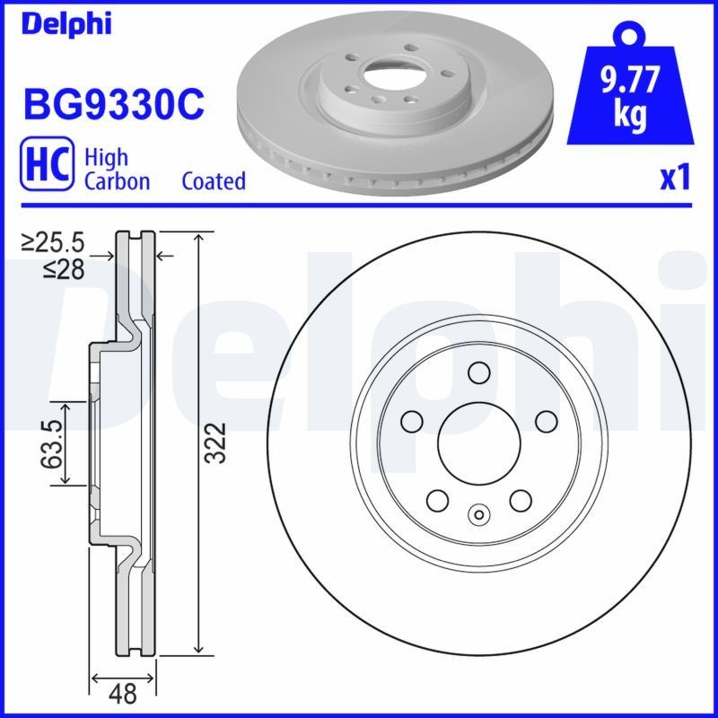 DELPHI BG9330C: Disco de freno Ø: 322mm, ventilado, Ø: 322mm, revestido