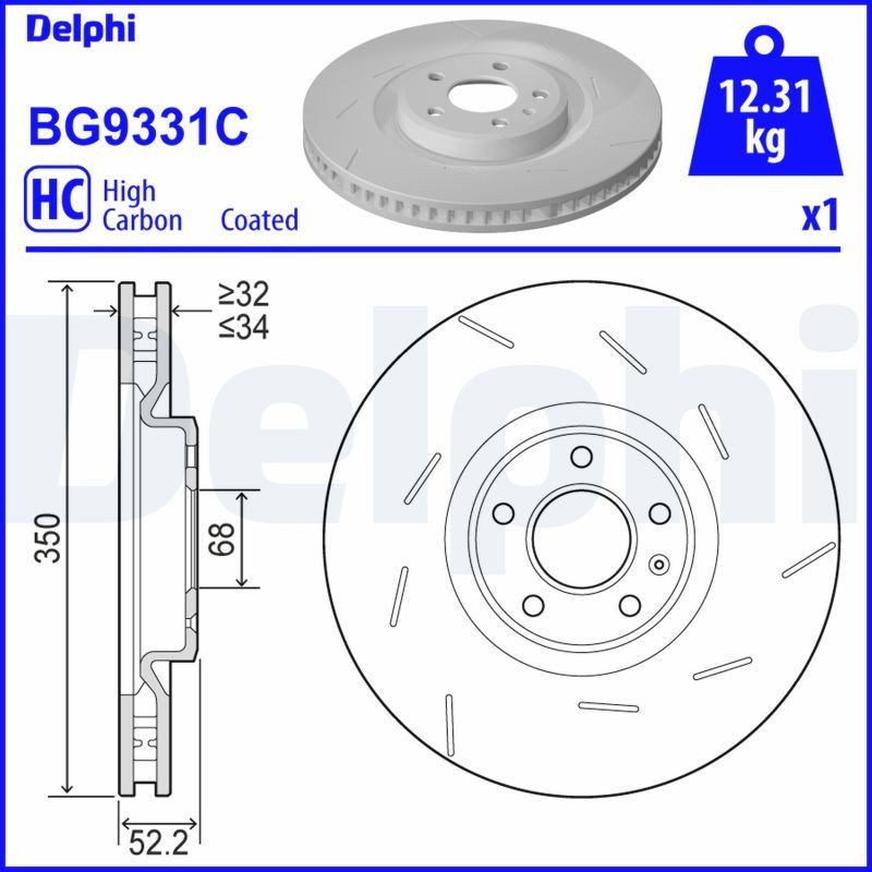 DELPHI BG9331C: Piduriketas Ø: 350mm, õhutusega, piludega/augustatud, Ø: 350mm, kaetud