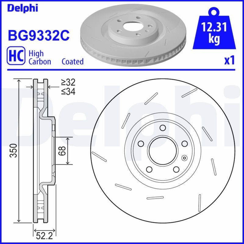 DELPHI BG9332C: Piduriketas Ø: 350mm, õhutusega, piludega/augustatud, Ø: 350mm, kaetud