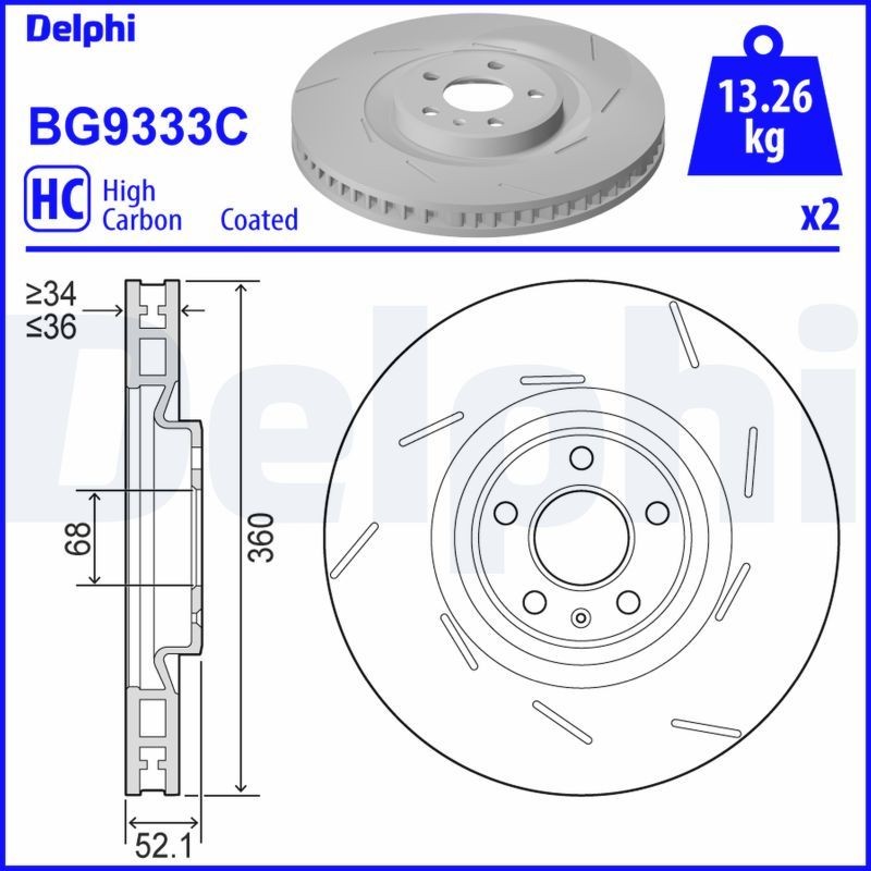 DELPHI BG9333C: Piduriketas Ø: 360mm, õhutusega, piludega/augustatud, Ø: 360mm, kaetud