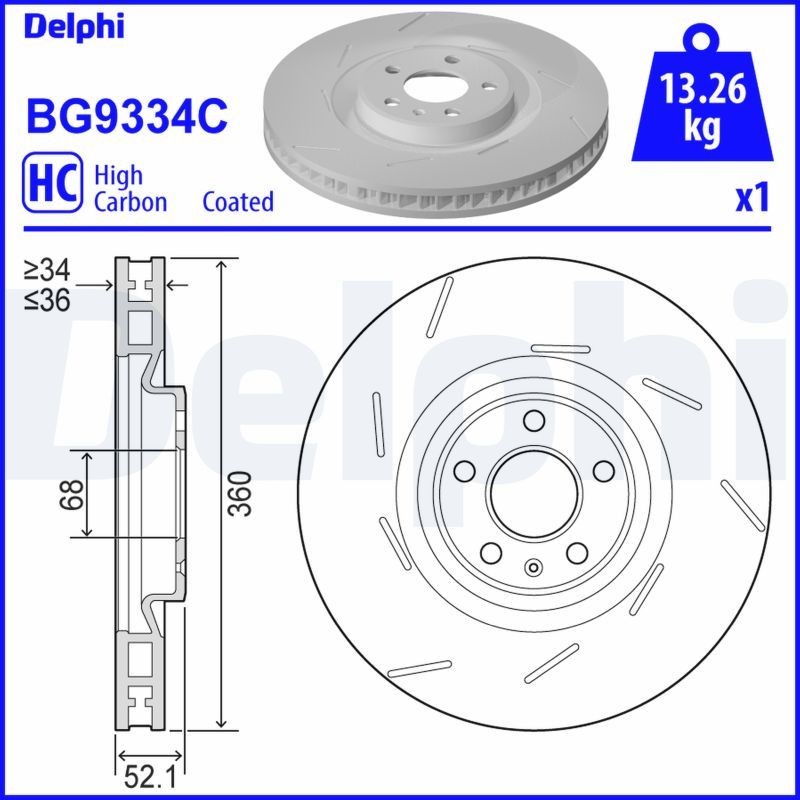DELPHI BG9334C: Piduriketas Ø: 360mm, õhutusega, piludega/augustatud, Ø: 360mm, kaetud