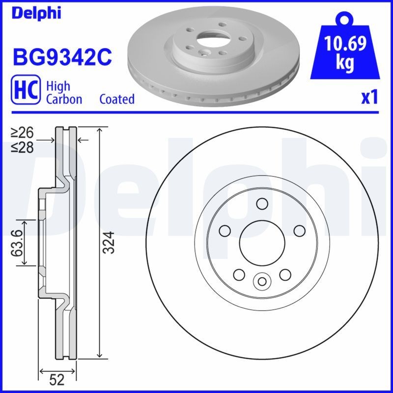 DELPHI BG9342C: Stabdžių diskas Ø: 324mm, ventiliuojama, Ø: 324mm, padengta