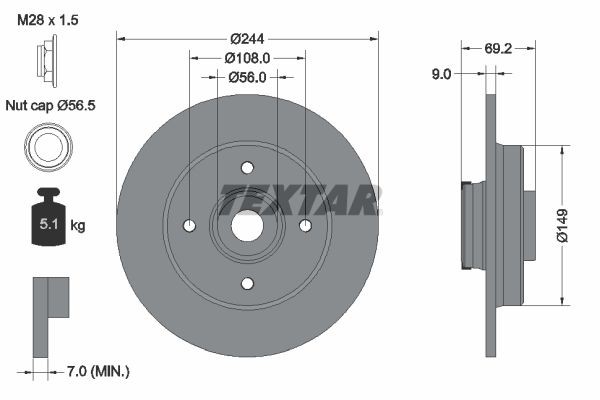 TEXTAR 92305403: Piduriketas PRO Ø: 244mm, täis, Ø: 244mm, teljemutriga, kaetud, koos integreeritud magnetilise anduriga, koos rattalaagriga, ilma rattakinnituspoltideta, koos rattakeskmega