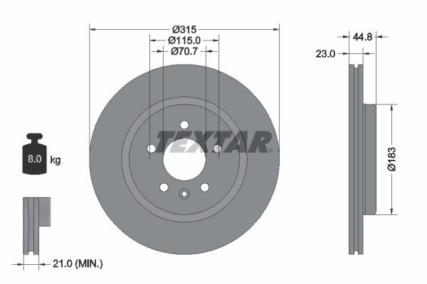 TEXTAR 92305603: Disc de frână PRO Ř: 315mm, ventilat interior, Ř: 315mm, acoperit (cu un strat protector), fara butuc roata, fara rulment roata, fara suruburi de fixare roata