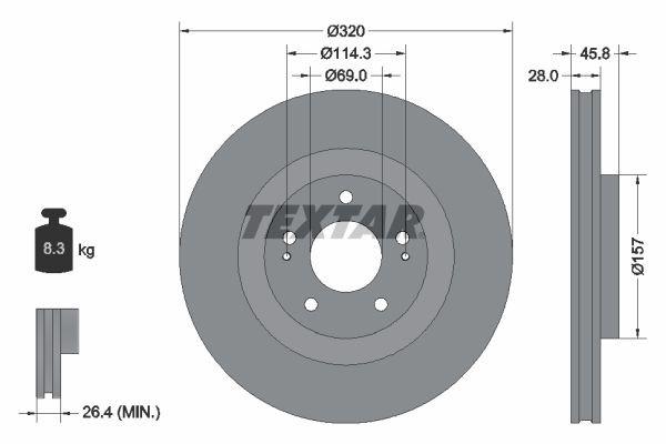 TEXTAR 92306503: Disque de frein PRO Ø: 320mm, ventilé de l'intérieur, Ø: 320mm, revêtu, sans moyeu de roue, sans roulement de roue, sans boulon de fix° de roue