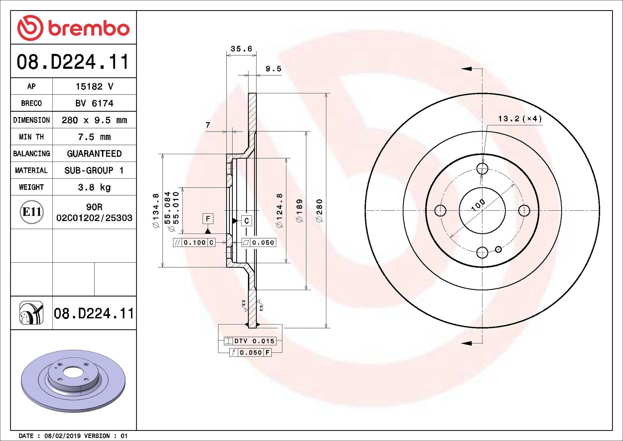 BREMBO 08.D224.11: Disc de frână PRIME LINE - UV Coated Ř: 280mm, plin, Ř: 280mm, acoperit (cu un strat protector)