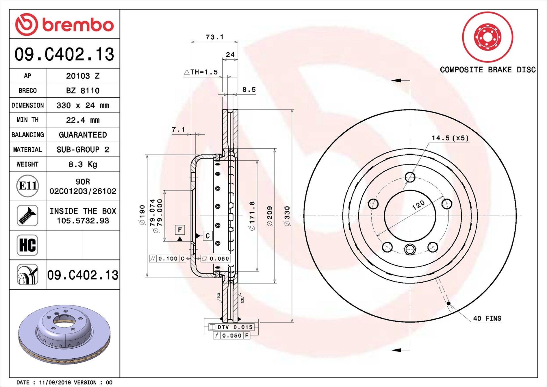 BREMBO 09.C402.13: Piduriketas PRIME LINE - Composite Ø: 330mm, sisemine õhutus, kaheosaline piduriketas, Alumiiniumist pidurikettakamber, Ø: 330mm, kaetud, koos kruvidega
